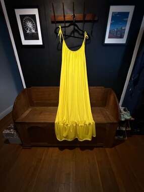 70’s Vintage Solid Yellow Spaghetti Strap Ruffled Hem Maxi Dress with tie should